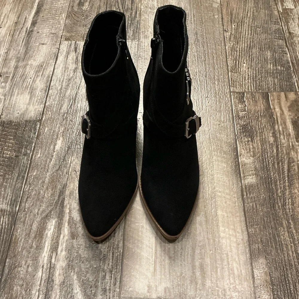 Sun + Stone Black Ankle Boots with Silver Buckles Size 7